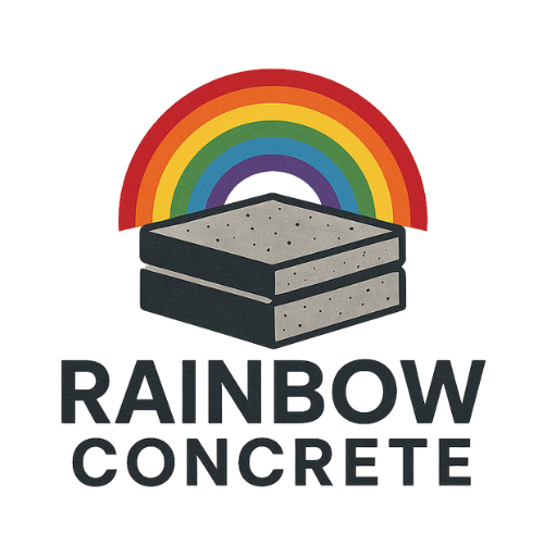 Rainbow-colored concrete logo with stacked concrete blocks