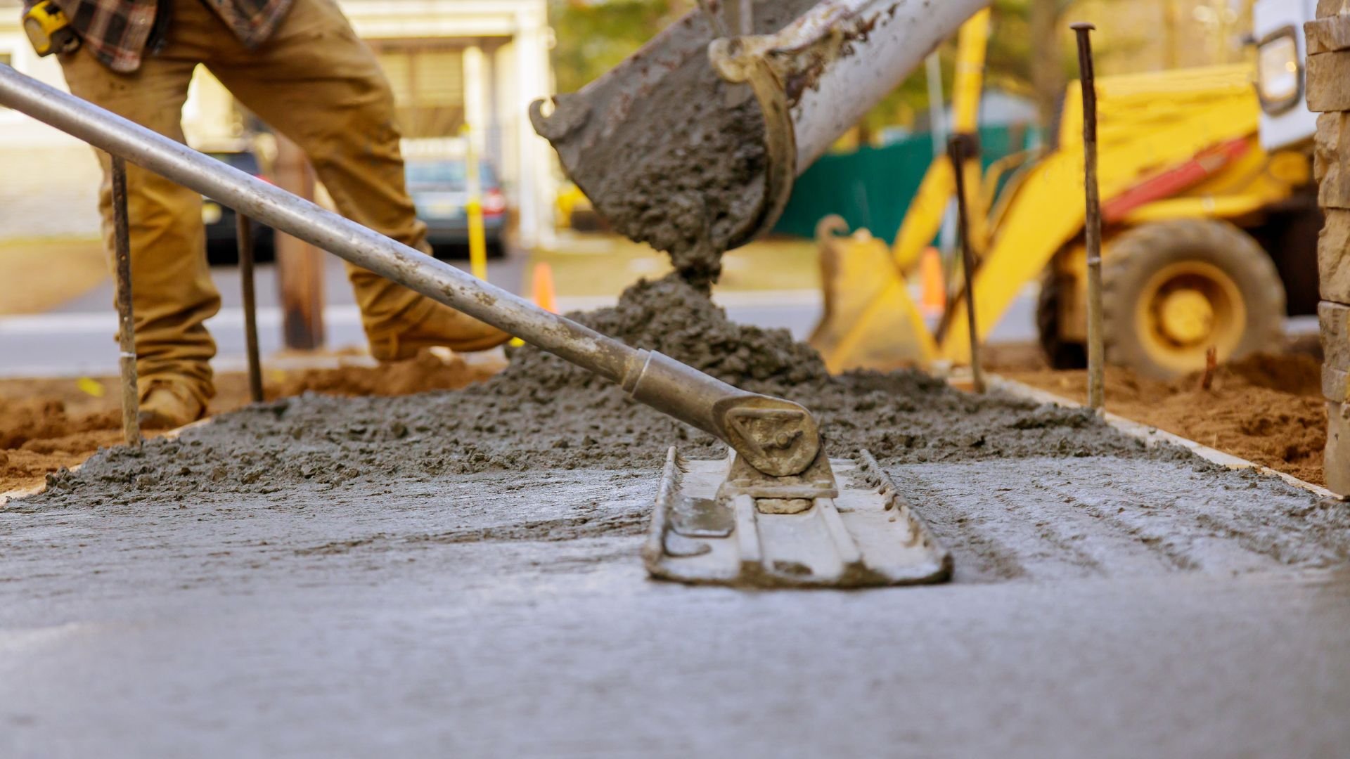 Worker smoothing wet concrete with trowel at construction site